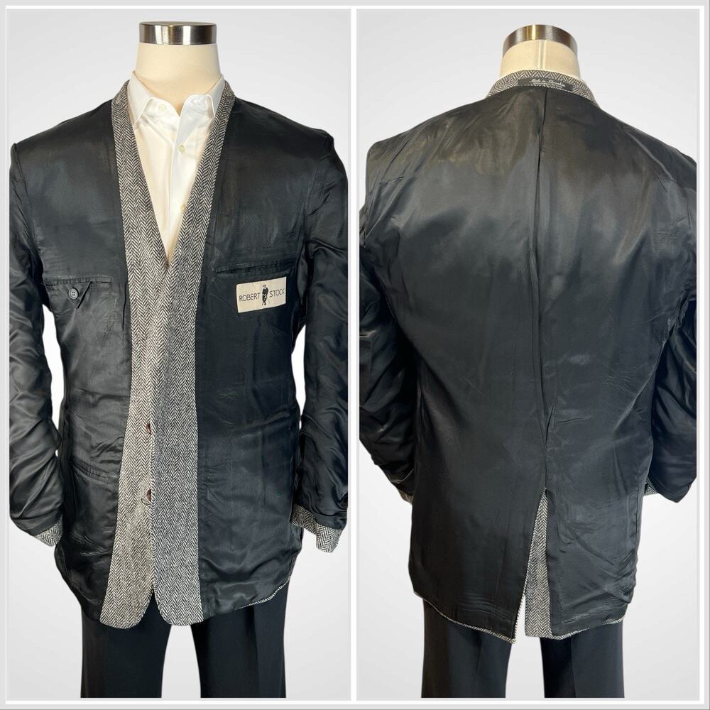 Vintage Tweed Herringbone Robert Stack 42L Gray Wool Sport Coat - Picture 6 of 16